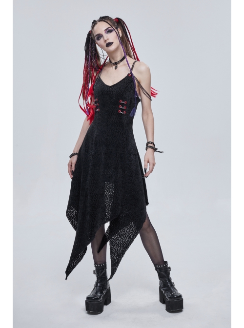 Gothic Dark Black Textured Grained Knit Irregular Hem Design Off-The-Shoulder Chain Trim Dress