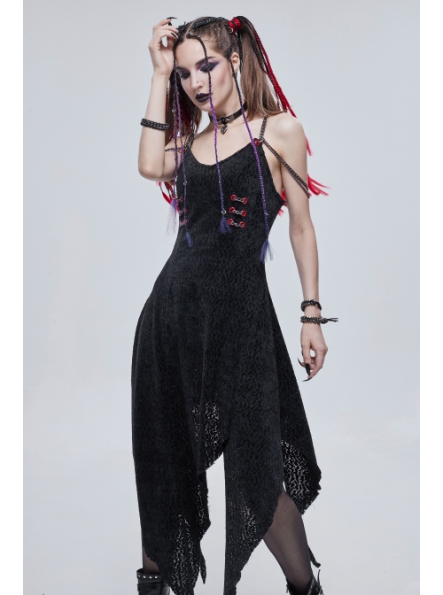 Gothic Dark Black Textured Grained Knit Irregular Hem Design Off-The-Shoulder Chain Trim Dress