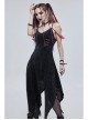 Gothic Dark Black Textured Grained Knit Irregular Hem Design Off-The-Shoulder Chain Trim Dress