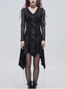 Gothic Shoulder Cutout Tie Rope V Neck Design Pattern Print Decorative Dress