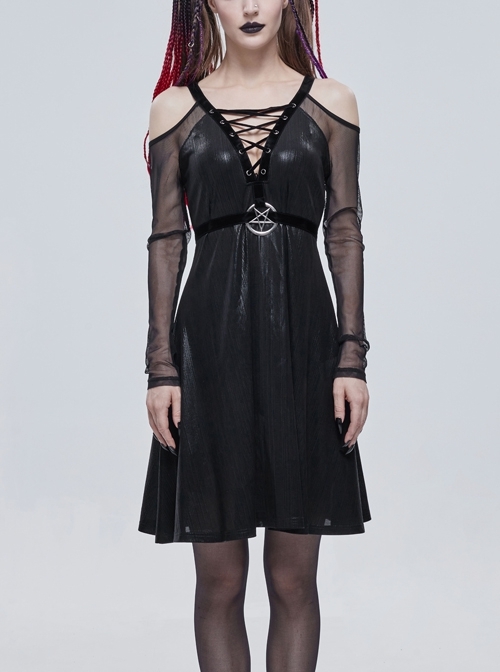 Punk Stretch Knit Patchwork Fine Mesh V Neck Cross Tie Metal Pentagram Buckle Strap Decoration Dress