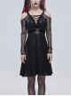 Punk Stretch Knit Patchwork Fine Mesh V Neck Cross Tie Metal Pentagram Buckle Strap Decoration Dress