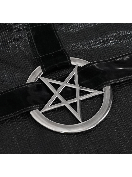 Punk Stretch Knit Patchwork Fine Mesh V Neck Cross Tie Metal Pentagram Buckle Strap Decoration Dress