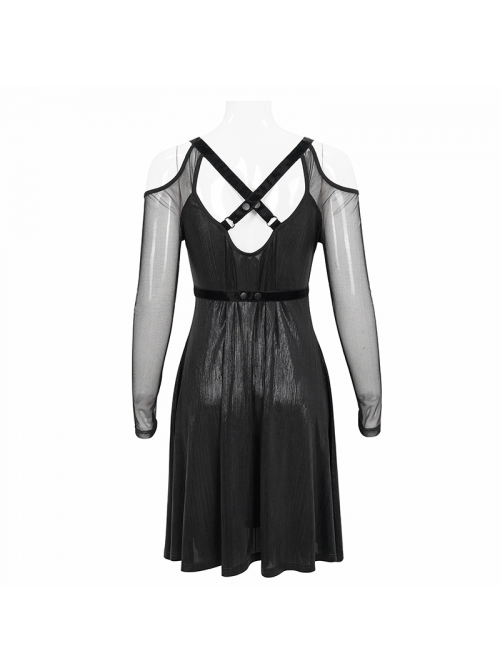 Punk Stretch Knit Patchwork Fine Mesh V Neck Cross Tie Metal Pentagram Buckle Strap Decoration Dress