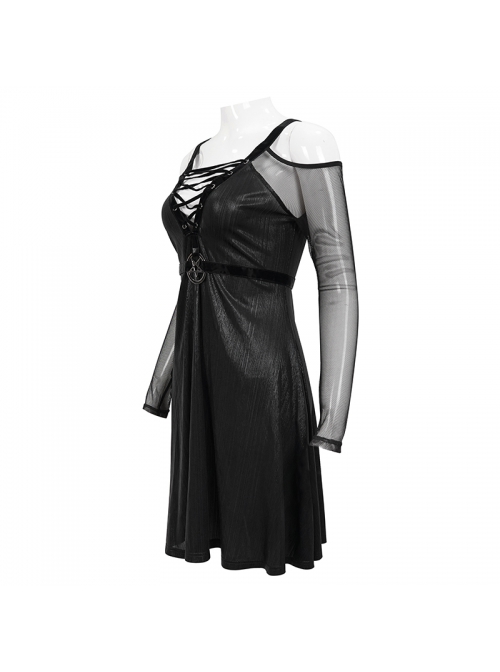 Punk Stretch Knit Patchwork Fine Mesh V Neck Cross Tie Metal Pentagram Buckle Strap Decoration Dress