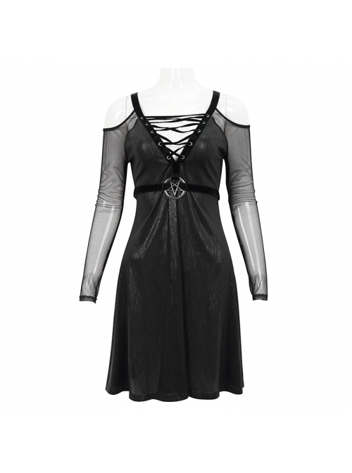 Punk Stretch Knit Patchwork Fine Mesh V Neck Cross Tie Metal Pentagram Buckle Strap Decoration Dress