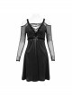 Punk Stretch Knit Patchwork Fine Mesh V Neck Cross Tie Metal Pentagram Buckle Strap Decoration Dress