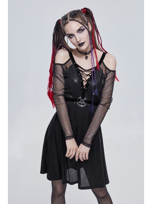 Punk Stretch Knit Patchwork Fine Mesh V Neck Cross Tie Metal Pentagram Buckle Strap Decoration Dress
