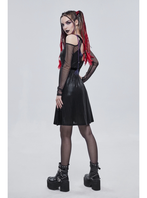 Punk Stretch Knit Patchwork Fine Mesh V Neck Cross Tie Metal Pentagram Buckle Strap Decoration Dress