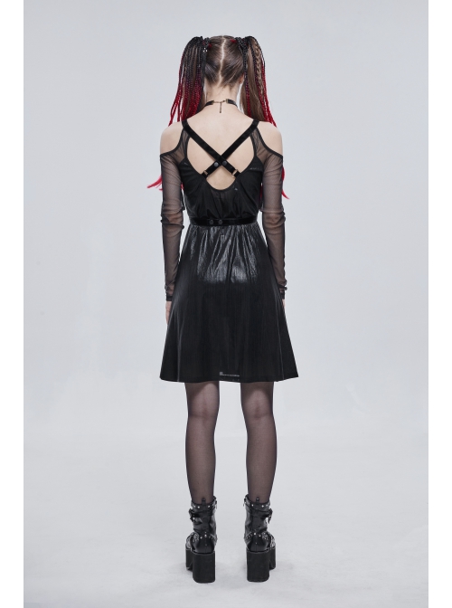 Punk Stretch Knit Patchwork Fine Mesh V Neck Cross Tie Metal Pentagram Buckle Strap Decoration Dress