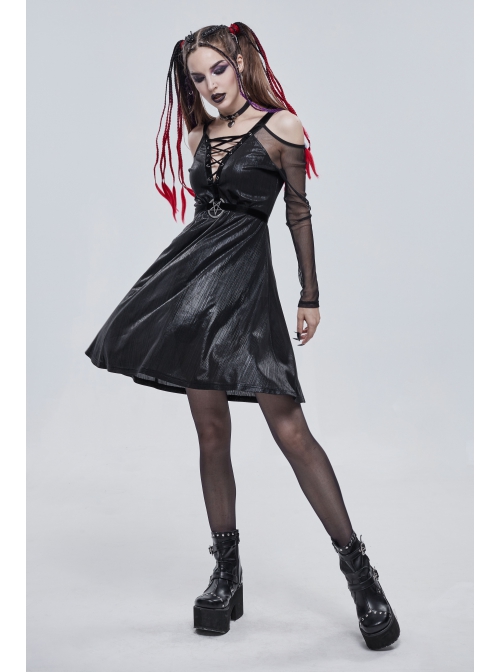 Punk Stretch Knit Patchwork Fine Mesh V Neck Cross Tie Metal Pentagram Buckle Strap Decoration Dress
