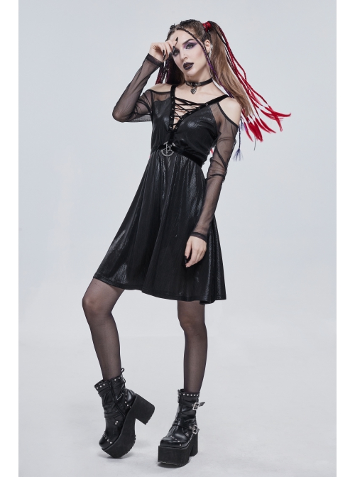 Punk Stretch Knit Patchwork Fine Mesh V Neck Cross Tie Metal Pentagram Buckle Strap Decoration Dress