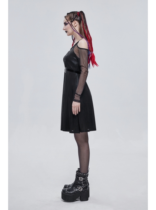 Punk Stretch Knit Patchwork Fine Mesh V Neck Cross Tie Metal Pentagram Buckle Strap Decoration Dress