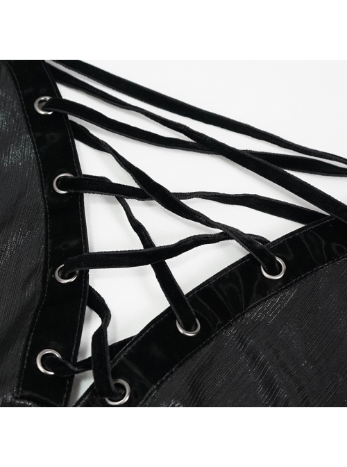 Punk Stretch Knit Patchwork Fine Mesh V Neck Cross Tie Metal Pentagram Buckle Strap Decoration Dress