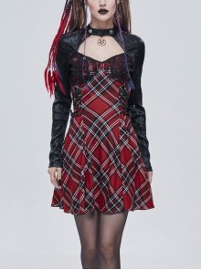 Scottish Plaid Knitted FabricWaist Side Strap Design Metal Pentagram Decoration Dress