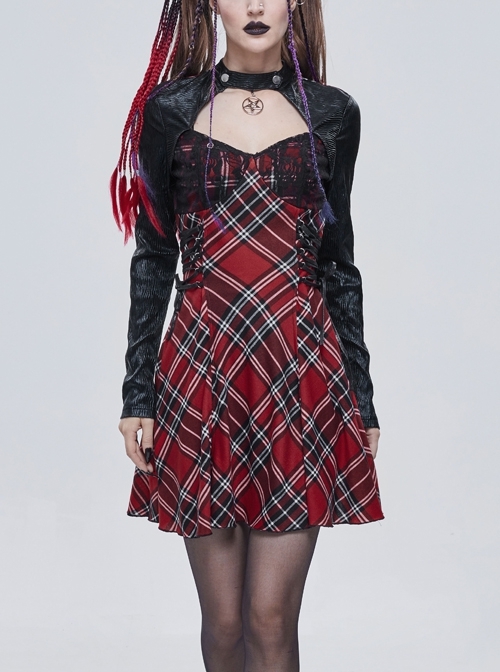 Scottish Plaid Knitted FabricWaist Side Strap Design Metal Pentagram Decoration Dress