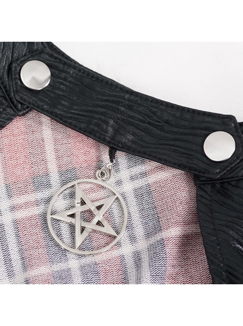 Scottish Plaid Knitted FabricWaist Side Strap Design Metal Pentagram Decoration Dress