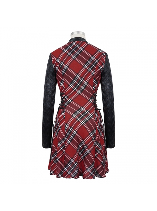 Scottish Plaid Knitted FabricWaist Side Strap Design Metal Pentagram Decoration Dress