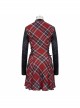 Scottish Plaid Knitted FabricWaist Side Strap Design Metal Pentagram Decoration Dress
