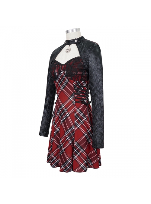 Scottish Plaid Knitted FabricWaist Side Strap Design Metal Pentagram Decoration Dress