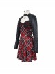 Scottish Plaid Knitted FabricWaist Side Strap Design Metal Pentagram Decoration Dress