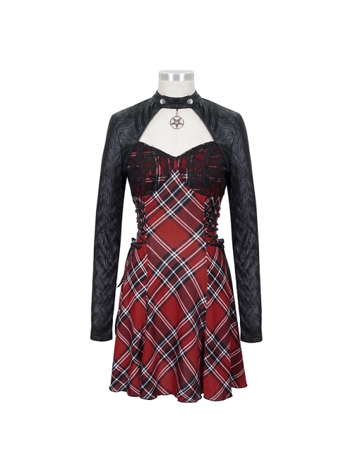Scottish Plaid Knitted FabricWaist Side Strap Design Metal Pentagram Decoration Dress