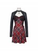 Scottish Plaid Knitted FabricWaist Side Strap Design Metal Pentagram Decoration Dress