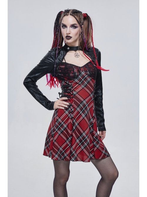 Scottish Plaid Knitted FabricWaist Side Strap Design Metal Pentagram Decoration Dress