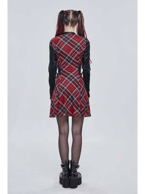 Scottish Plaid Knitted FabricWaist Side Strap Design Metal Pentagram Decoration Dress