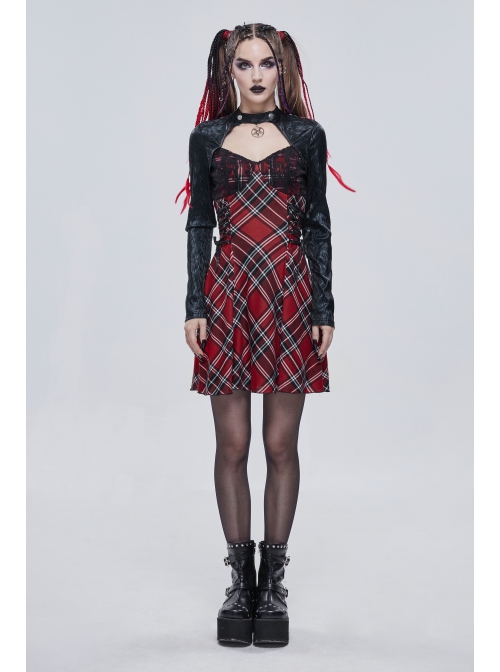Scottish Plaid Knitted FabricWaist Side Strap Design Metal Pentagram Decoration Dress