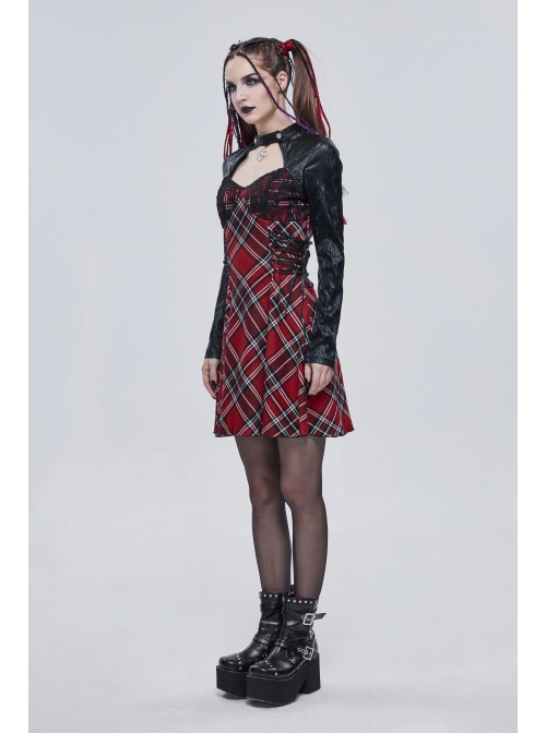Scottish Plaid Knitted FabricWaist Side Strap Design Metal Pentagram Decoration Dress