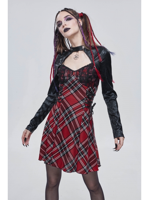Scottish Plaid Knitted FabricWaist Side Strap Design Metal Pentagram Decoration Dress