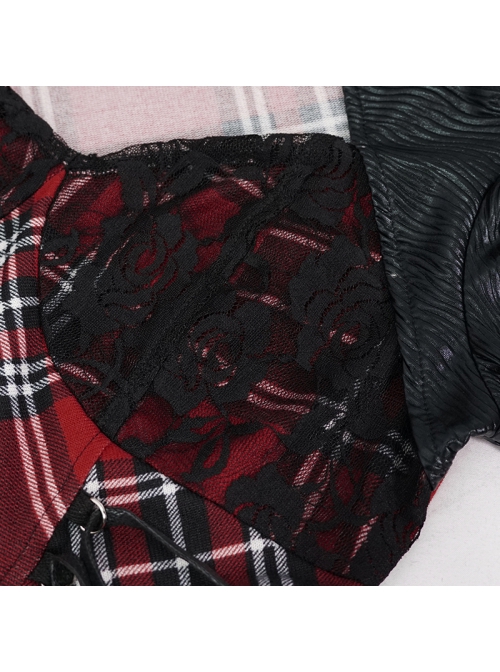 Scottish Plaid Knitted FabricWaist Side Strap Design Metal Pentagram Decoration Dress