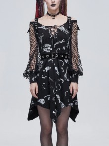 Gothic Knit Bone Print Sling Metal Grommet Strap Design Long Sleeve Dress