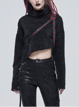 Punk Everyday Texture Grainy Turtleneck Metal Buckle Through With Grommet Decoration Irregular Female Sweater
