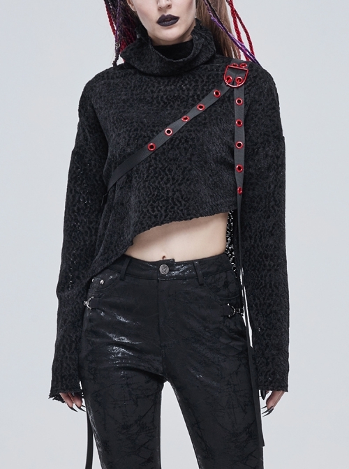 Punk Everyday Texture Grainy Turtleneck Metal Buckle Through With Grommet Decoration Irregular Female Sweater