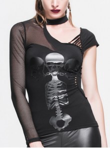 Gothic Mesh Panel Knitted Fabric Off-The-Shoulder Design Skull Print Embellished T-Shirt