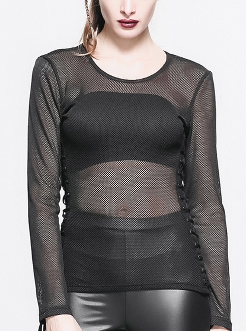 Female Diamond-Shaped Net Hyperelastic Basic Style Tied With Rope Crew Neck Long Sleeve T-Shirt