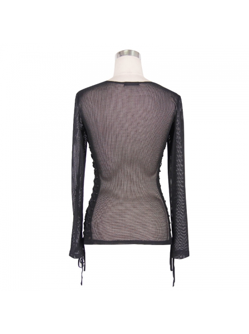 Female Diamond-Shaped Net Hyperelastic Basic Style Tied With Rope Crew Neck Long Sleeve T-Shirt