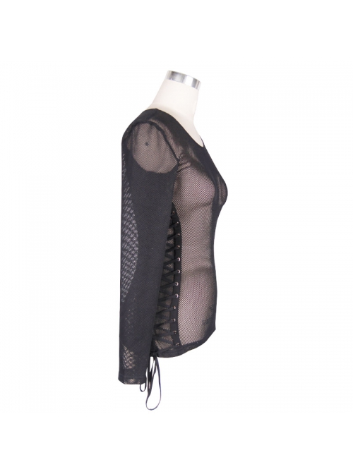 Female Diamond-Shaped Net Hyperelastic Basic Style Tied With Rope Crew Neck Long Sleeve T-Shirt