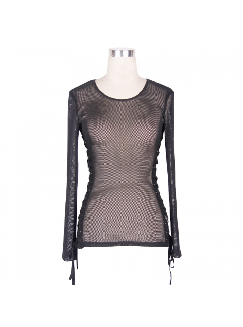 Female Diamond-Shaped Net Hyperelastic Basic Style Tied With Rope Crew Neck Long Sleeve T-Shirt