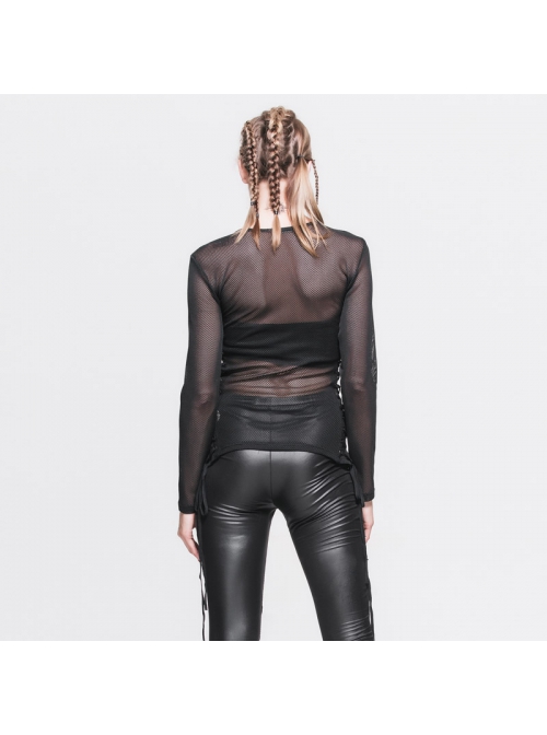 Female Diamond-Shaped Net Hyperelastic Basic Style Tied With Rope Crew Neck Long Sleeve T-Shirt