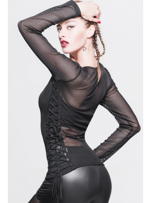 Female Diamond-Shaped Net Hyperelastic Basic Style Tied With Rope Crew Neck Long Sleeve T-Shirt