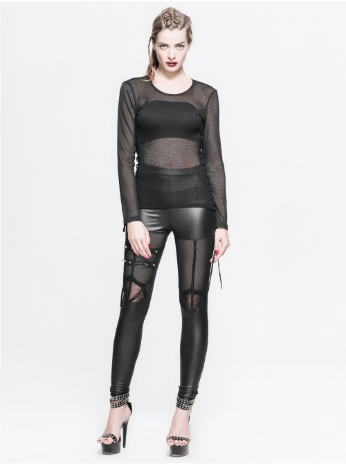 Female Diamond-Shaped Net Hyperelastic Basic Style Tied With Rope Crew Neck Long Sleeve T-Shirt