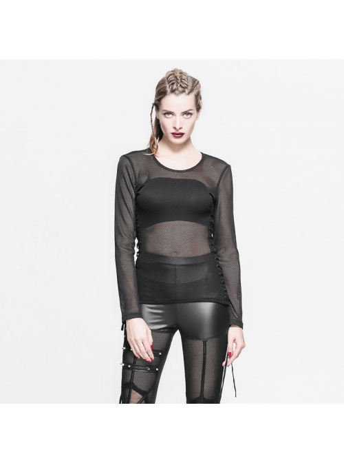 Female Diamond-Shaped Net Hyperelastic Basic Style Tied With Rope Crew Neck Long Sleeve T-Shirt