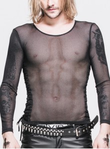 Male Diamond-Shaped Net Hyperelastic Basic Style Tied With Rope Crew Neck Long Sleeve T-Shirt
