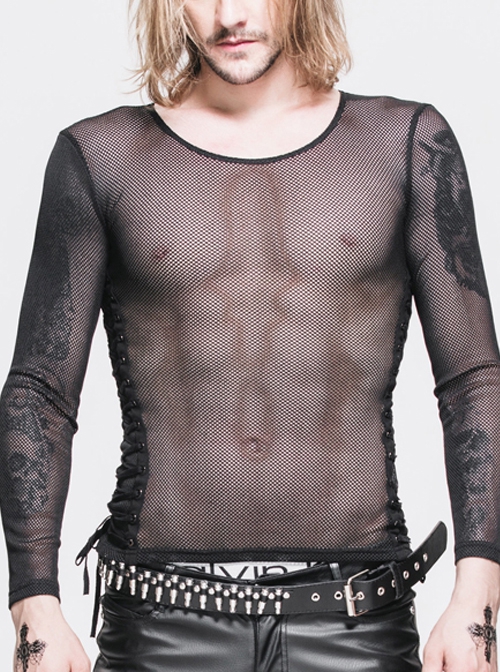Male Diamond-Shaped Net Hyperelastic Basic Style Tied With Rope Crew Neck Long Sleeve T-Shirt