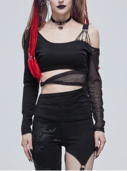 Black Gothic Off-The-Shoulder Asymmetrical Design Small Skull Decoration Long-Sleeve T-Shirt With Cutout Straps At The Waist