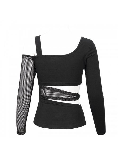 Black Gothic Off-The-Shoulder Asymmetrical Design Small Skull Decoration Long-Sleeve T-Shirt With Cutout Straps At The Waist