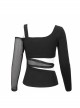 Black Gothic Off-The-Shoulder Asymmetrical Design Small Skull Decoration Long-Sleeve T-Shirt With Cutout Straps At The Waist